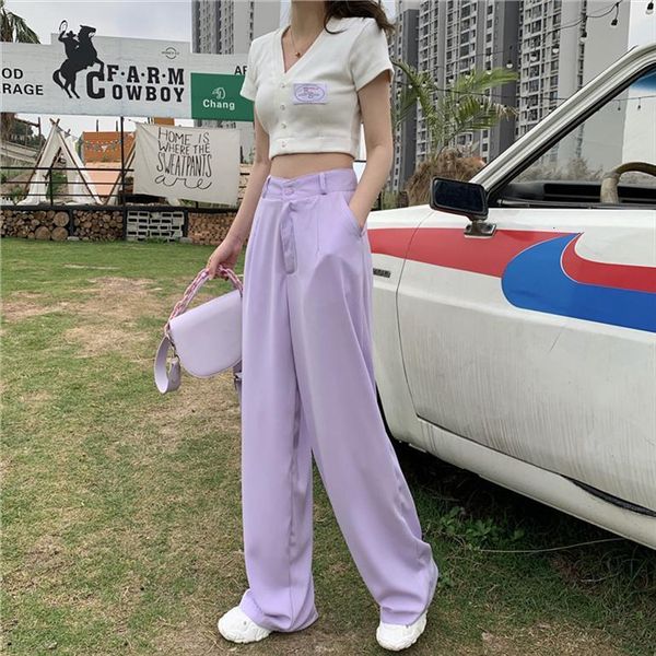 

trousers spring autumn casual womens pant loose purple long fashion high waist office suit wide leg, Black;white
