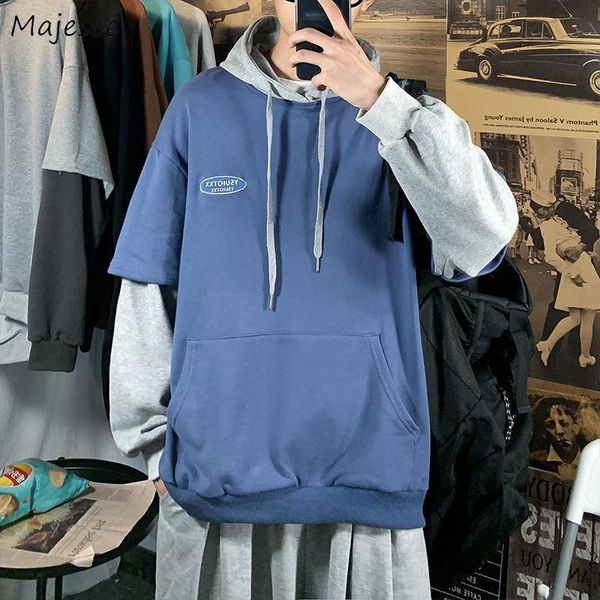 

men's hoodies & sweatshirts with hat men fake two pieces loose printed patchwork male vintage preppy style couple chic all-match teens, Black