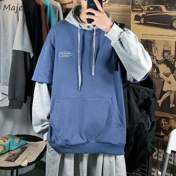 Erkek hoodies sweatshirts ile şapka erkekler sahte iki adet gevşek baskılı patchwork erkek vintage tiki tarzı çift şık tüm maç gençler