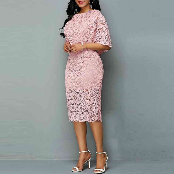 

hollow out pink lace women autumn casual o-neck half sleeve elegant slim solid office pencil dress vestidos plus size, Black;gray