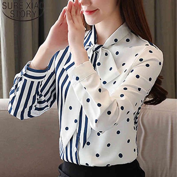 

ladies spring long sleeve white chiffon women shirts bow wave dot striped female blouses blusas mujer de moda 8477 50 210508