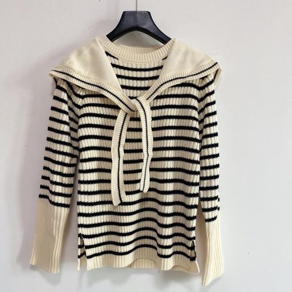 

women's sweaters 2021 c autumn/winter brand detachable shawl navy collar black and white striped pullover inner two-piece female, White;black