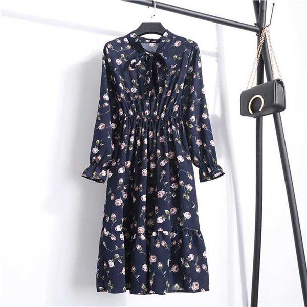 

floral print chiffon bandage o neck long sleeve folds long dress women casual loose boho streetwear beach vintage dresses 210608, Black;gray