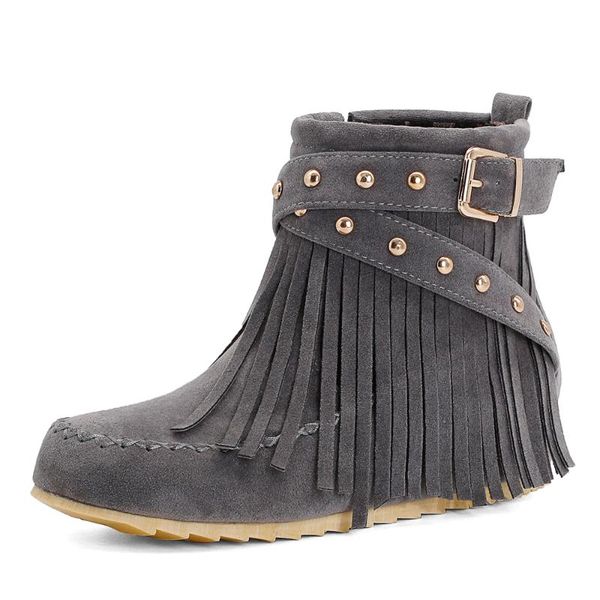 

boots rivet frosted suede wine red ankle cross belt buckle side zipper multicolor tpr flat women's with tassels, Black