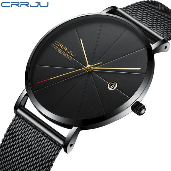 

wristwatches crrju watch men fashion brand men's watches quartz ultra thin steel mesh strap casual sport black relogio masculino, Slivery;brown