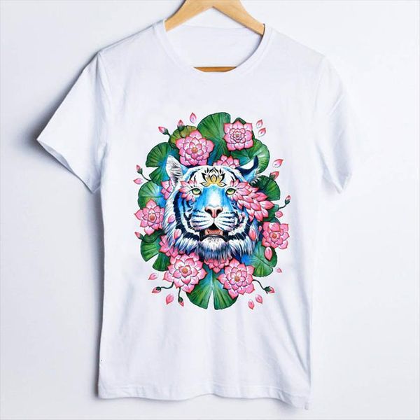 

tees print tiger floral womens t shirt animal fashion cartoon 90s clothes clothing female, White