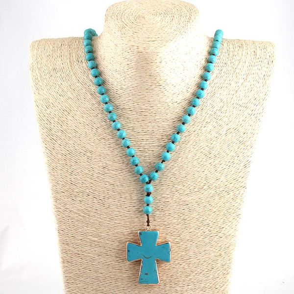 

pendant necklaces fashion blue stones long knotted cross, Silver