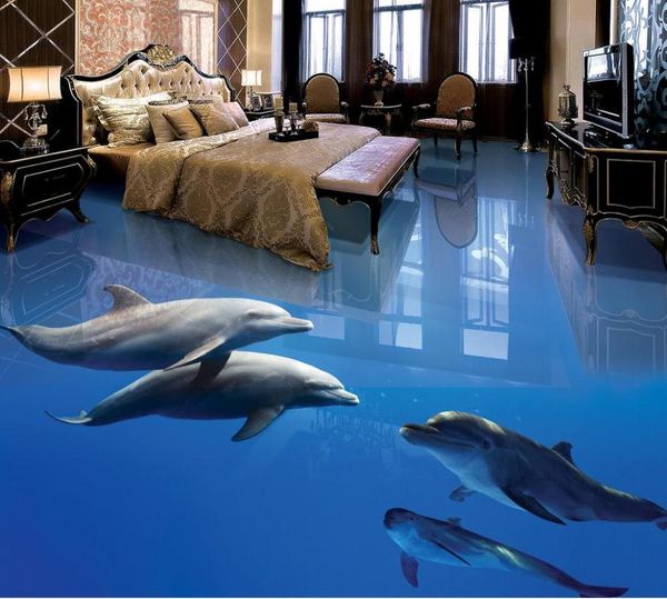 

wallpapers custom 3d painting floor wallpaper pvc adhesive dolphin blue sea bottom bathroom living room