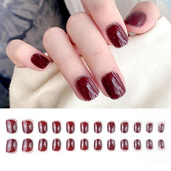 

false nails 24pcs women fashion patch exquisite compact abs burgundy silver color edge diy nail tips sticker for wedding prom, Red;gold