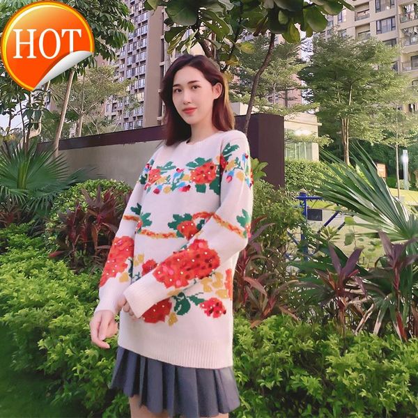 

spring and autumn french sweater women's low round neck loose long sleeve beiye rose jacquard medium length t-shirt hoodies & sweatshir, Black