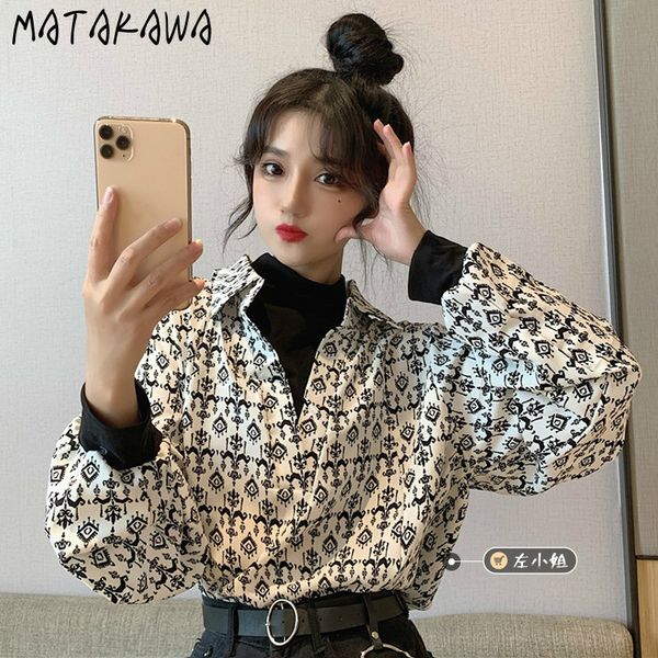 

matakawa women autumn winter fake two piece blusas long-sleeved ladies shirt bottom shirt japanese blouse women 210513, White