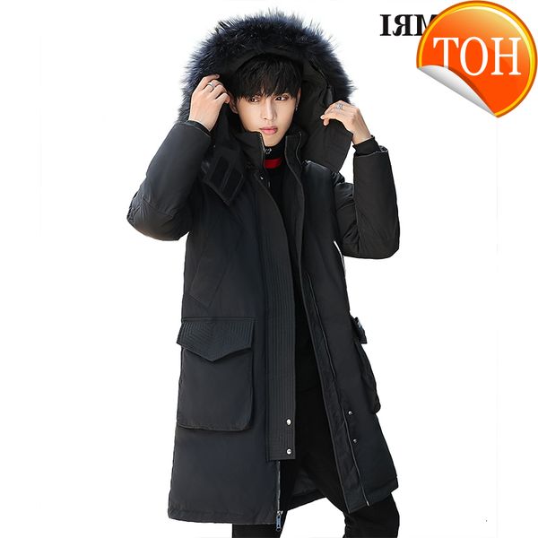 

winter men's down jacket 90% white duck coat fashion trend thicken warm fur collar mid-long casual running men style, Black