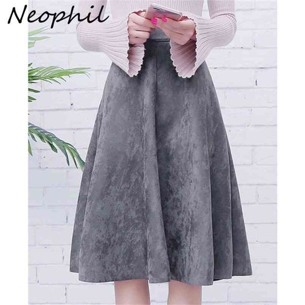 

neophil women suede high waist midi skirt summer vintage style elastic ladies a line black green flare fashion s29a4 210619