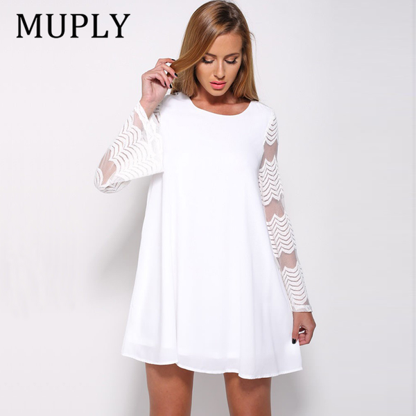

casual dresses women's autumn round neck chiffon net yarn lace long sleeve loose dress vocation design elegant black/white plus size, Black;gray