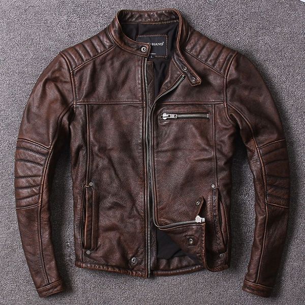 

men's leather & faux male wear vintage cow leather, jacket, quality biker genuine fashion black jacket. homme slim,
