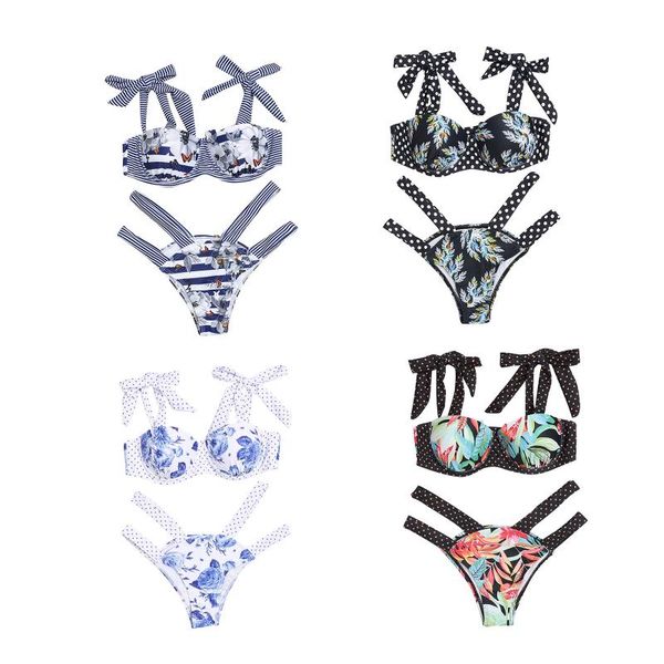 

women's swimwear women camisole bikini with high waist swimming shorts, flowers polka dot printing summer clothing, White;black