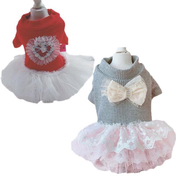 

fashion knitted dog cat dress lace heart pattern short sleeve knitting sweater hoodies pullover skirt coat outfit pet clothing apparel