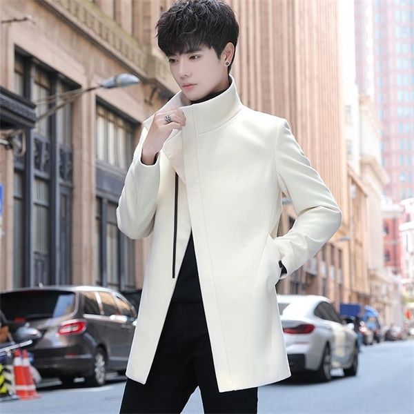 

2020 winter men's woolen coat casual slim fit long trench jacket men overcoats thicken zipper streetwear windbreaker erkekler, Black