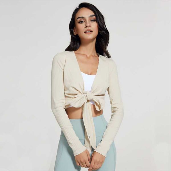 

yoga outfit fashion sports women cross straps long sleeve gym shirt solid color ribbed sweatshirt female breathable workout wear