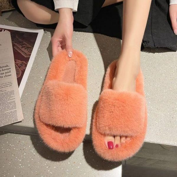 

slippers women fur shoes ladies' flock slides multicolored plush rubber flat designer basic with home furry size 42, Black