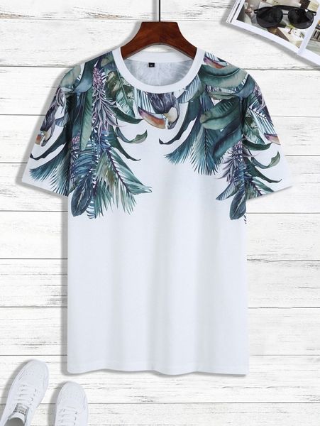 

men bird & tropical print tee o2mk#, White;black