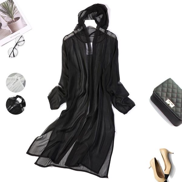 

summer silk sun proof clothes women's medium length long sleeve hooded cardigan thin coat versatile shawl jackets, Black;brown