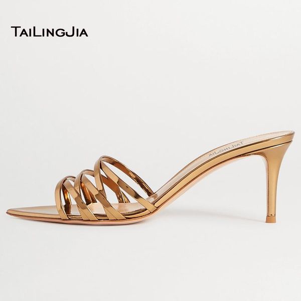 

high heels party sandals 2021 for women fashion pointed toe gold patent leather strappy lady slip on size 34-46 dress shoe, Black
