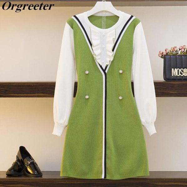 

casual dresses fake two piece stitching knitted women autumn and winter ruffles button deco loose a-line sweater short, Black;gray
