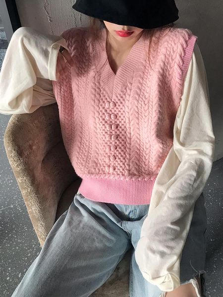 

women's vests vest for women sleeveless twist knitted coat 2021 autumn casual loose v-neck outerwear p-028, Black;white
