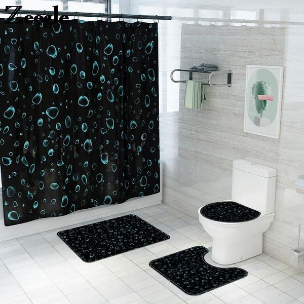 

zeegle non-slip bath mat and waterproof shower curtian set 3d water droplets printing bathroom carpet rug absorbent foot mats