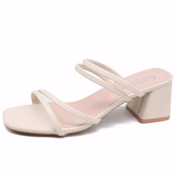 

female sandals summer slippers ladies high heels square open toe slides party shoes women for, Black