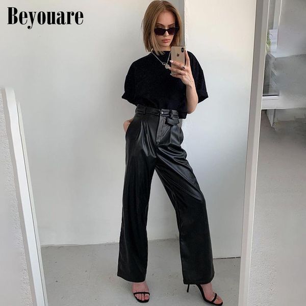 

women's & capris beyouare autumn new vintage high waist straight wide legs women pu faux leather trousers button pockets elegant pants, Black;white