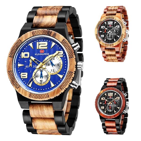 

men's watch large dial sports watches men multi-function sandalwood quartz wirstwatch with luminous wood relogio masculino wristwatches, Slivery;brown