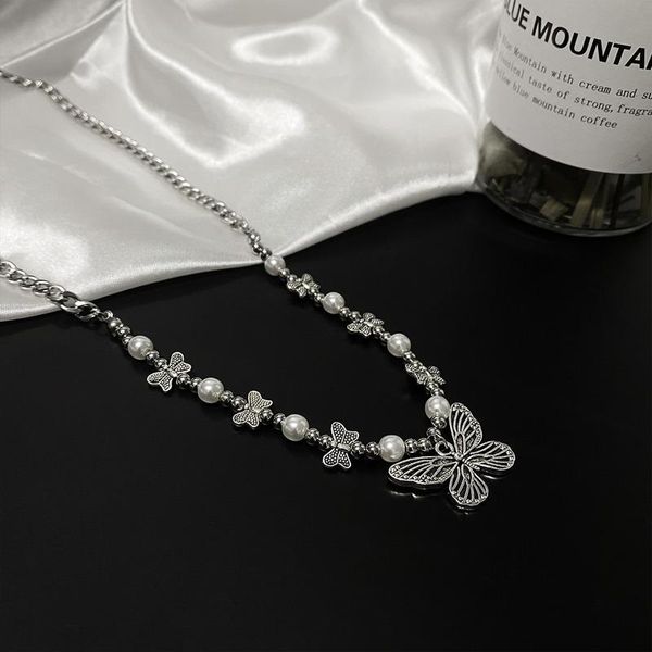 

pendant necklaces korean fashion stainless steel butterfly pearl necklace for women girls exquisite metal party jewelry wholesale, Silver