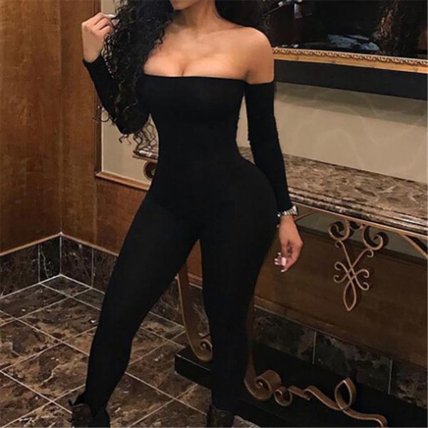 

party black off shoulder women romper long sleeve skinny trousers, Black;white