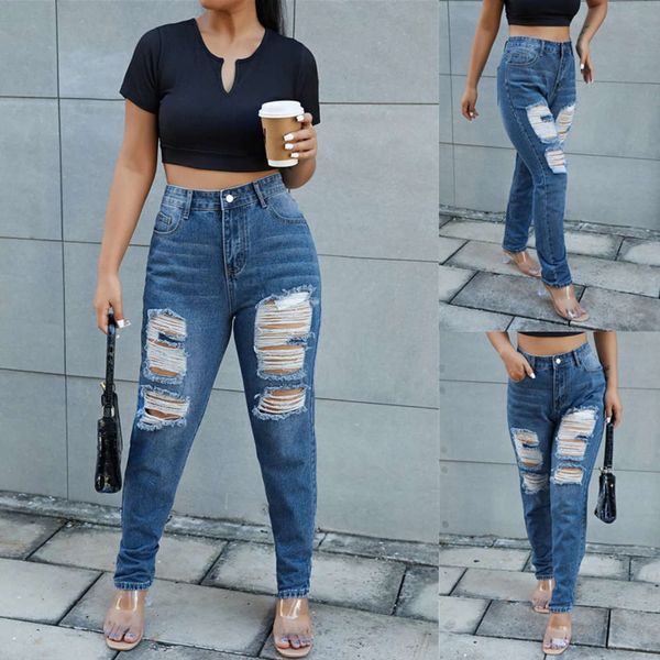 

large hole elastic denim leggings pants, Blue