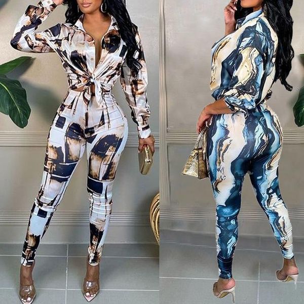 

women's two piece pants autumn women fashion suit sets overalls slim fit long sleeve abstract print crop & skinny set, White