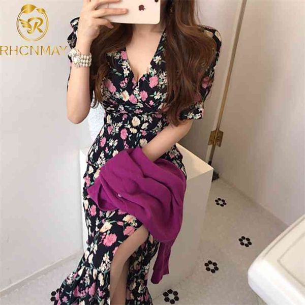 

summer dress puff short sleeve chic retro chiffon floral split long mermaid bandage print 210506, Black;gray