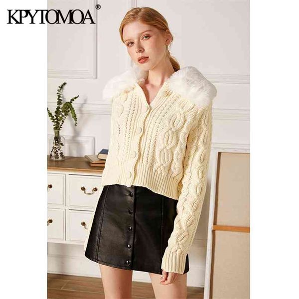 Mulheres Moda Com Faux Fur Cropped Corrida Cardigan Sweater Manga Longa Botões Feminino Outerwear Chic Top 210420