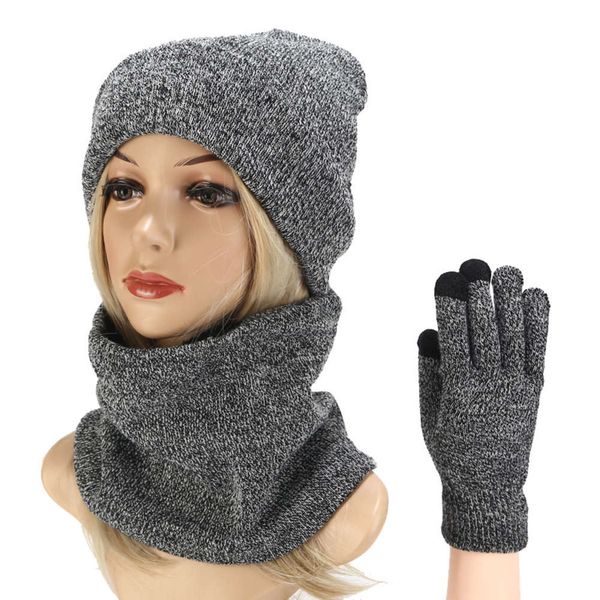 

scarf hat men's and women's variegated knitted wool thickened gloves warm suit three piece set, Blue;gray