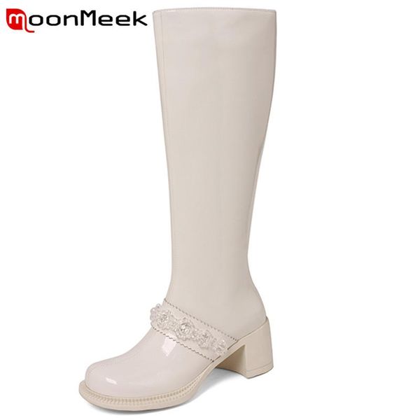 

boots moonmeek 2021 arrive knee high women thick heel fashion shoes round toe crystal zip autumn winter, Black