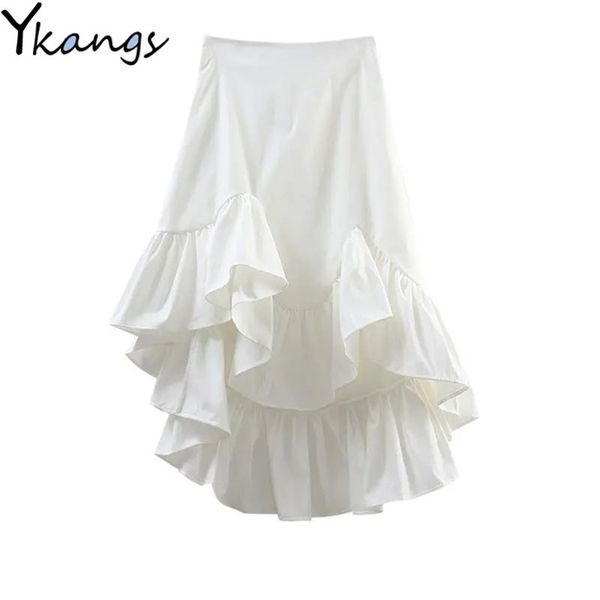 Vintage Irregular Ruffle Cintura Alta Pleated Saia Mulheres Verão Primavera Branco Black Estilo Coreano Moda Assimétrica 210421