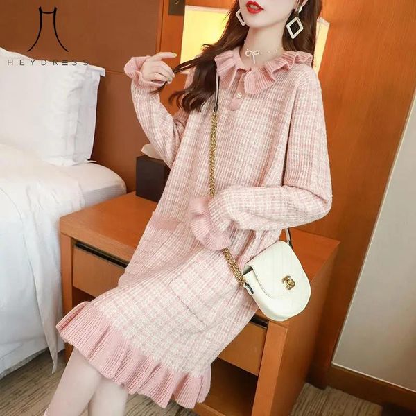 

casual dresses heydress 2021 women elegant ruffle long sleeve sweater dress female sweet plaid pockets autumn botton lady loose vestidos, Black;gray