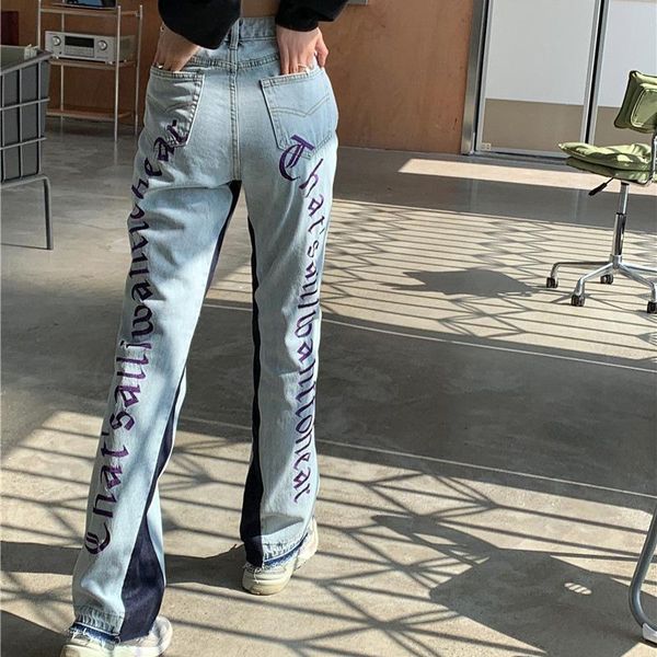 

women's jeans fashion street denim letters embroidery high waist pants y2k vintage casual patchwork women wide leg streetwear trousers, Blue