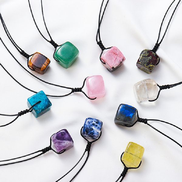 

natural stone pendant square cubic rose quartz crystal necklace healing amethyst lapis for women men jewelry, Silver