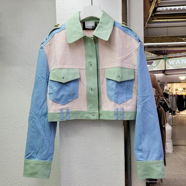 

women's jackets seebeautiful contrast color loose denim jacket coat lapel long sleeve pockets single breasted women autumn 2021 fashion, Black;brown