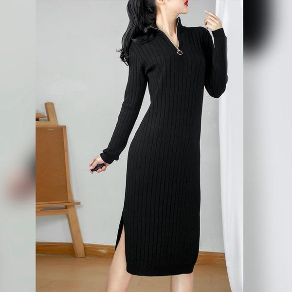 

women's sweaters wool zip up turtleneck pullover knitwear jumper female women long sleeve woolen loose knit sweater side slit dress for, White;black