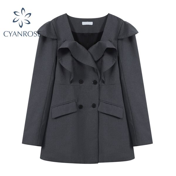 

spring solid crop blazer dress women long sleeve double breasted cardigan irregular spliced retro elegant party frocks lady 210417, Black;gray