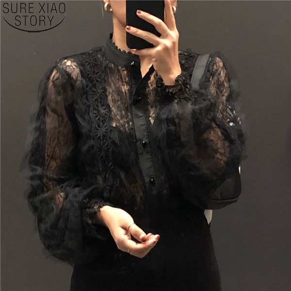 

vintage lace blouses stand collar see through women blouse korean clothing pearl buckle loose long sleeve shirt 13339 210417, White