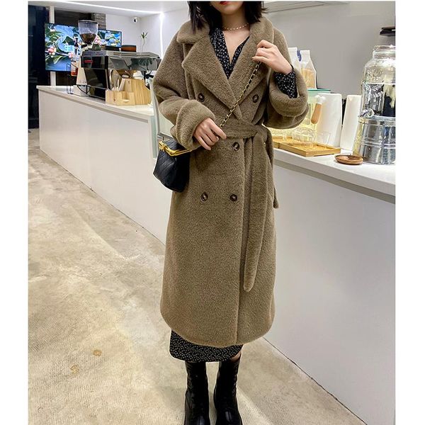 

women's leather & faux mink woolen coat women autumn winter double-breasted fur jacket thick warm wool coats female long outerw, Black